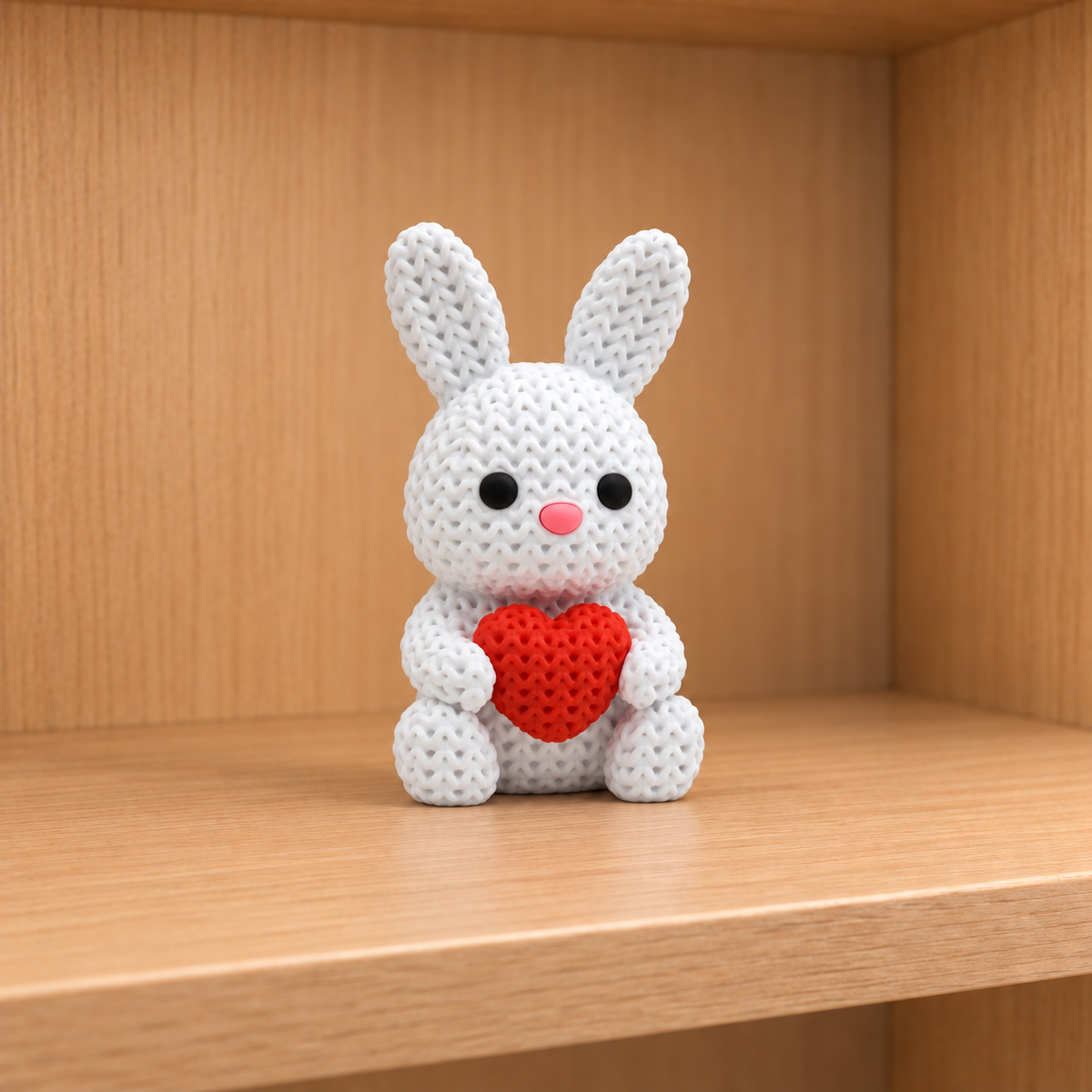 Figurine lapin au cœur kawaii effet tricoté, vue de profil