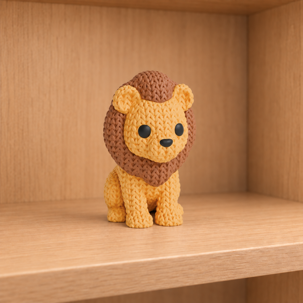 Figurine lion kawaii effet tricoté, vue de face