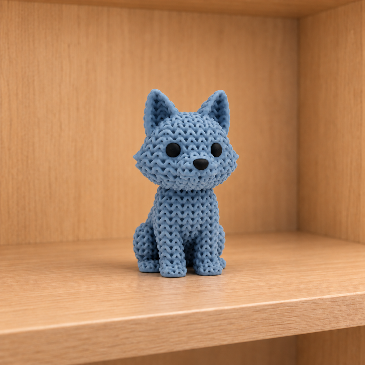 Figurine loup kawaii effet tricoté, vue de face