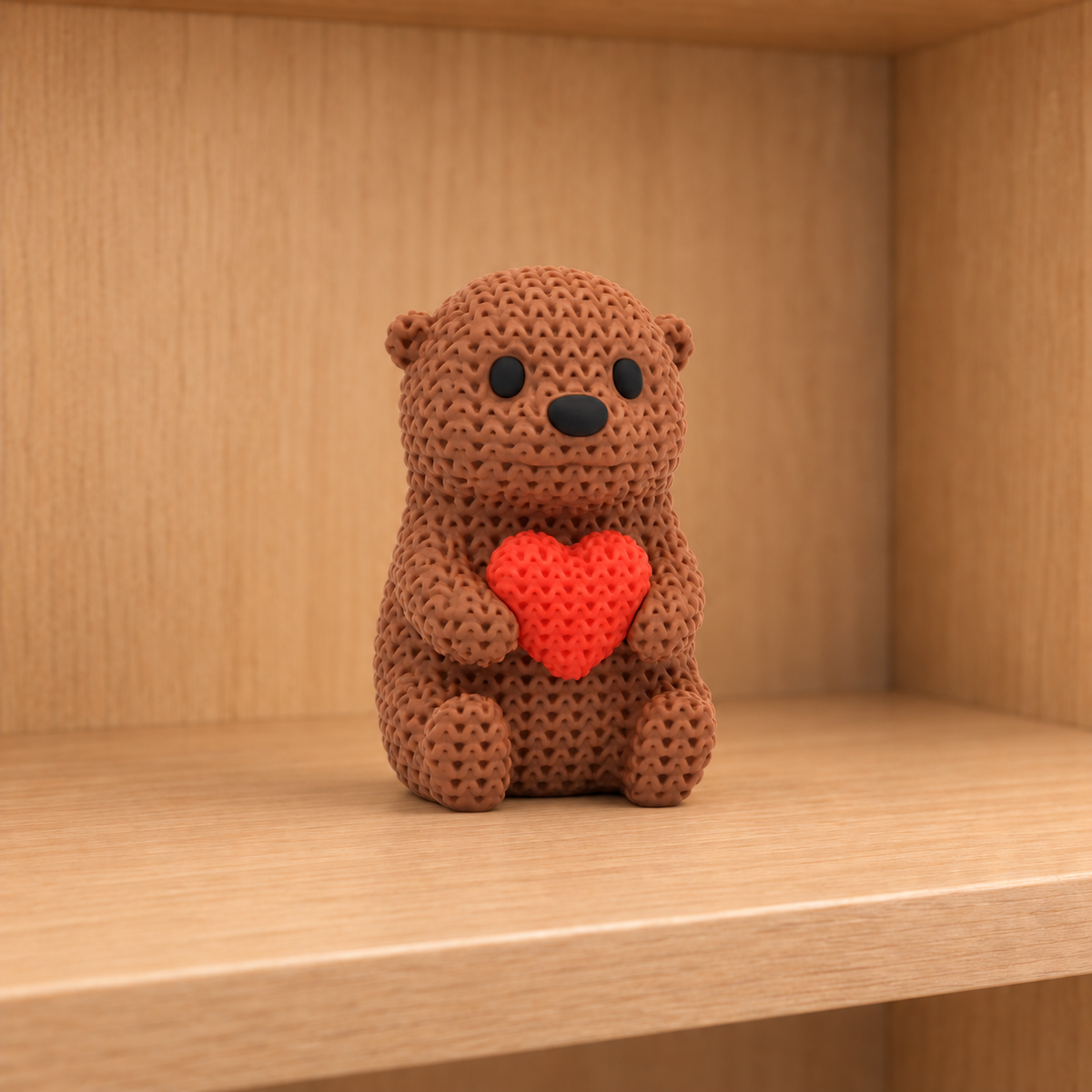 Figurine loutre au cœur kawaii effet tricoté, vue de face