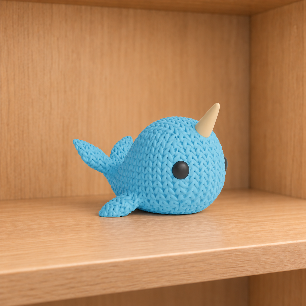 Figurine narval kawaii effet tricoté, vue de profil
