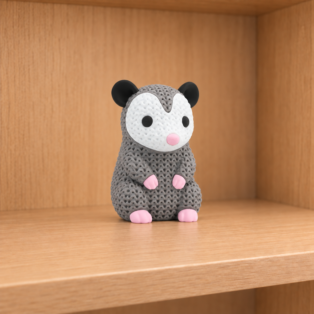Figurine opossum kawaii effet tricoté, vue de face