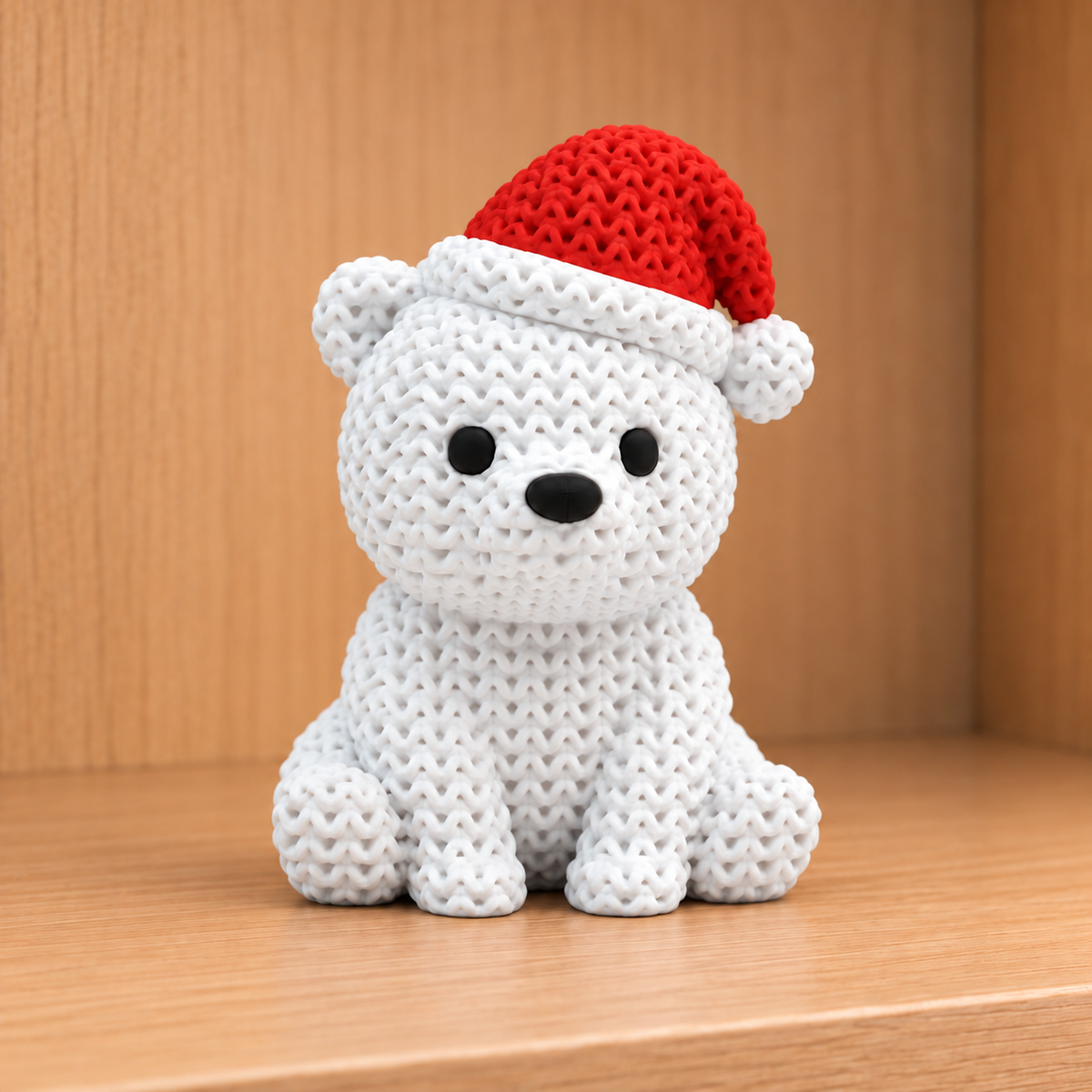 Figurine ours polaire avec bonnet de noël kawaii effet tricoté amigurumi 3D Tresor3D, vue principale