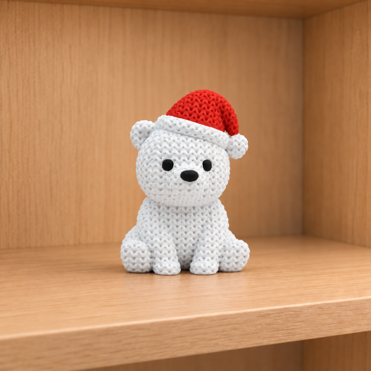 Figurine ours polaire avec bonnet de noël kawaii effet tricoté, vue de face