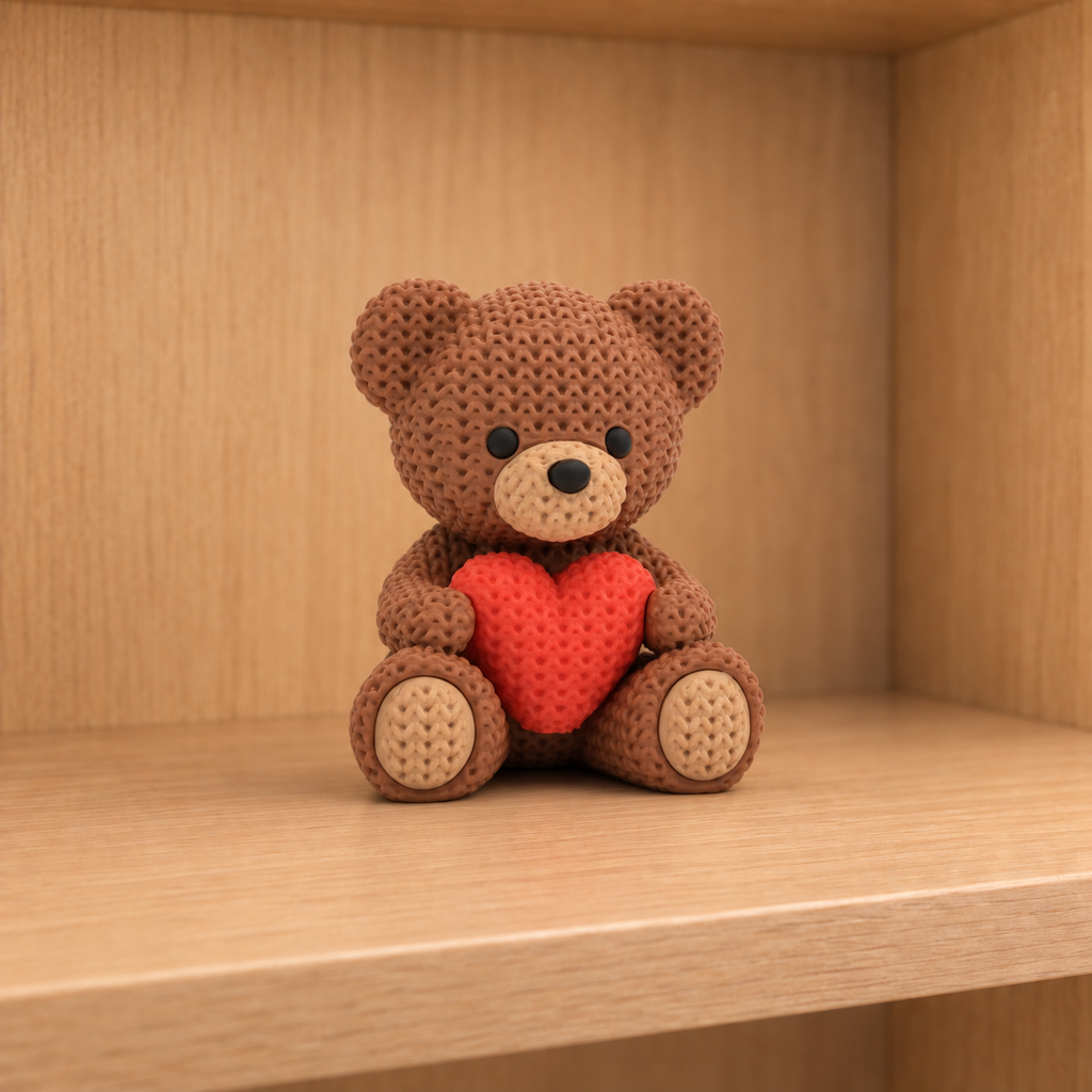 Figurine ourson au cœur kawaii effet tricoté, vue de profil