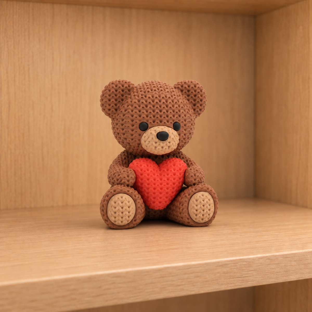 Figurine ourson au cœur kawaii effet tricoté, vue de profil