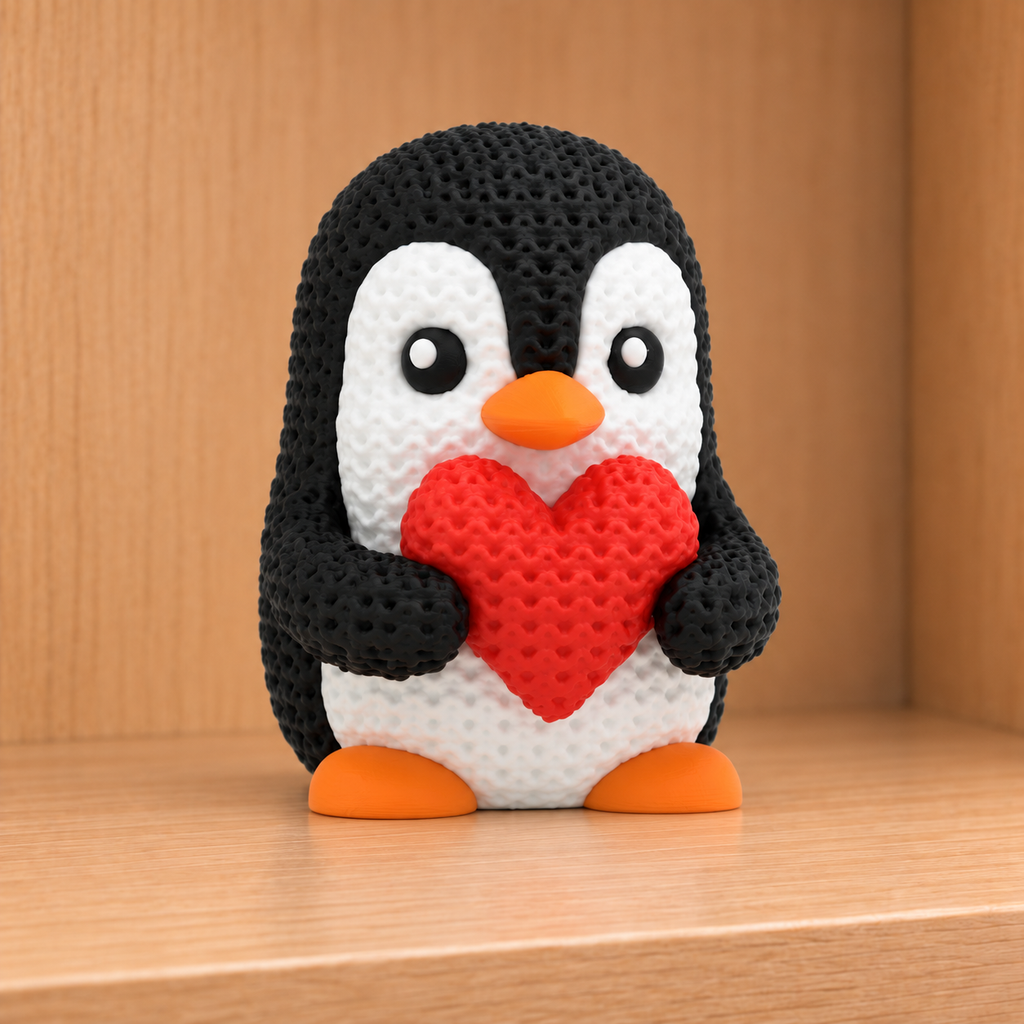 Figurine pingouin au cœur kawaii effet tricoté amigurumi 3D Tresor3D, vue principale