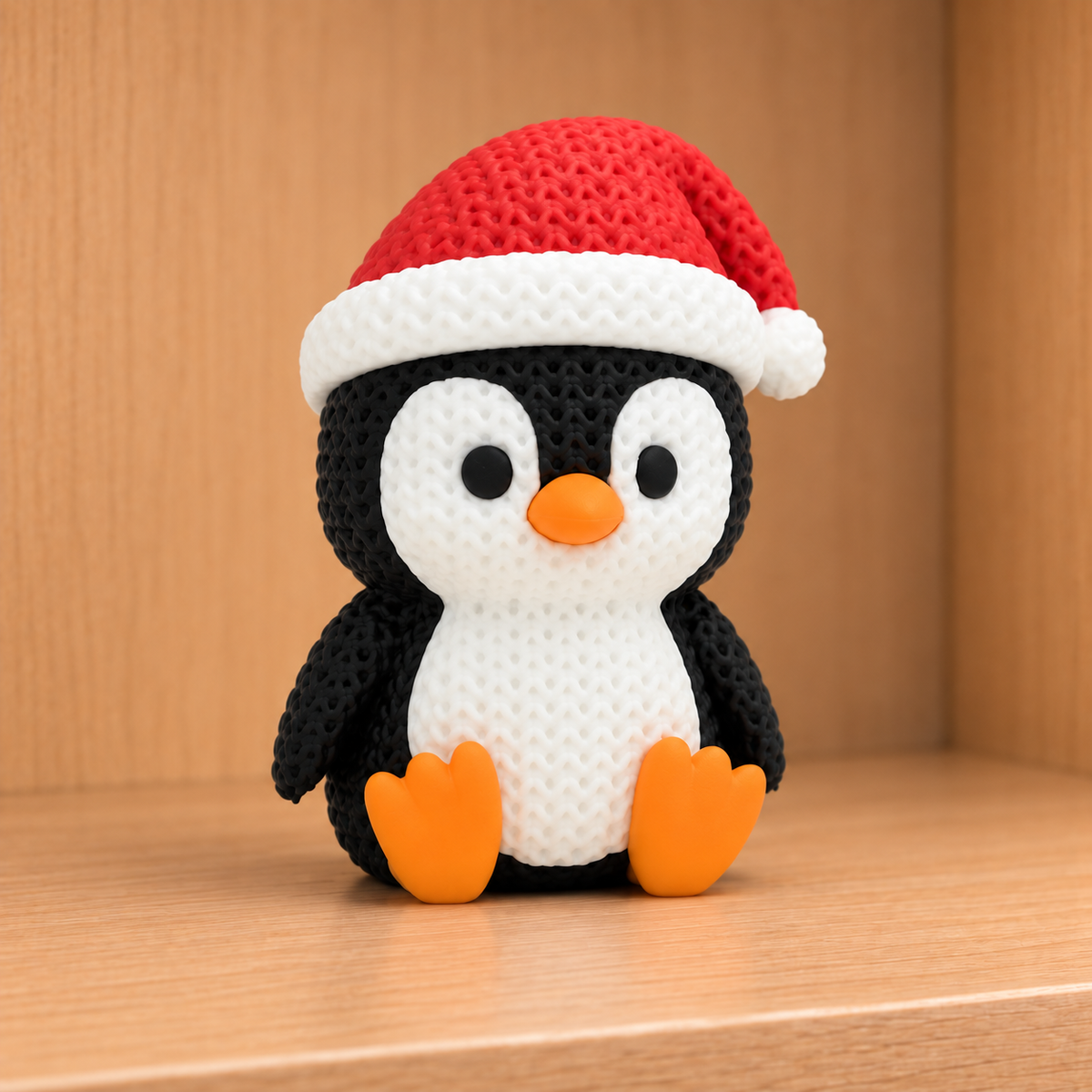 Figurine pingouin avec bonnet de noël kawaii effet tricoté amigurumi 3D Tresor3D, vue principale