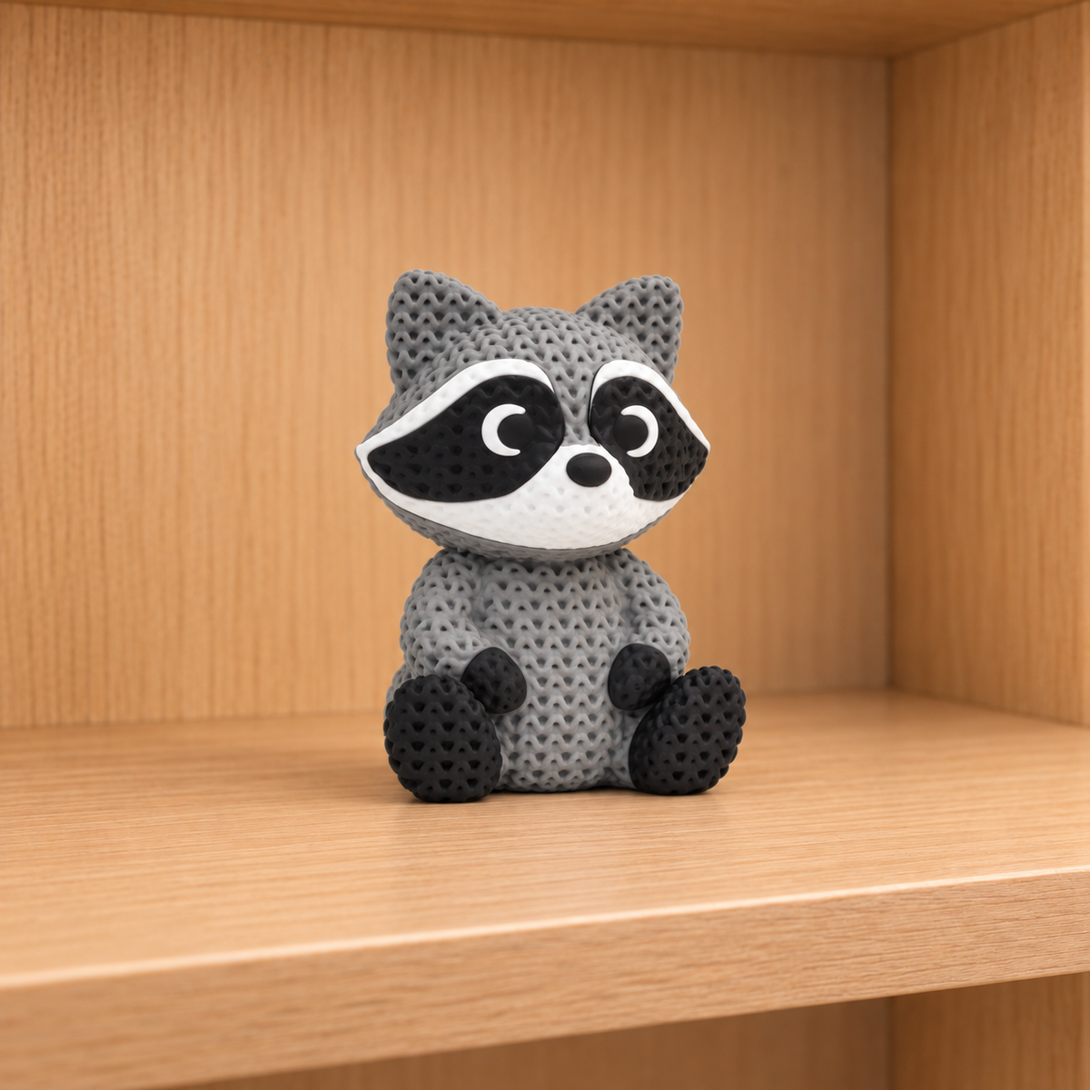 Figurine raton laveur kawaii effet tricoté, vue arrière