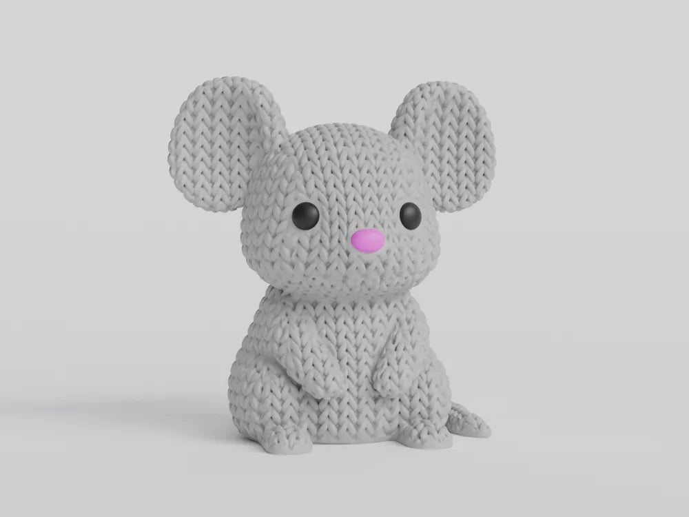 Figurine souris kawaii effet tricoté, détail de la texture tricotée