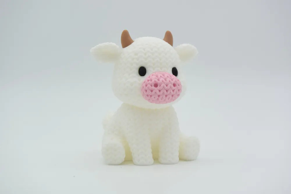 Figurine vache kawaii effet tricoté, vue de face