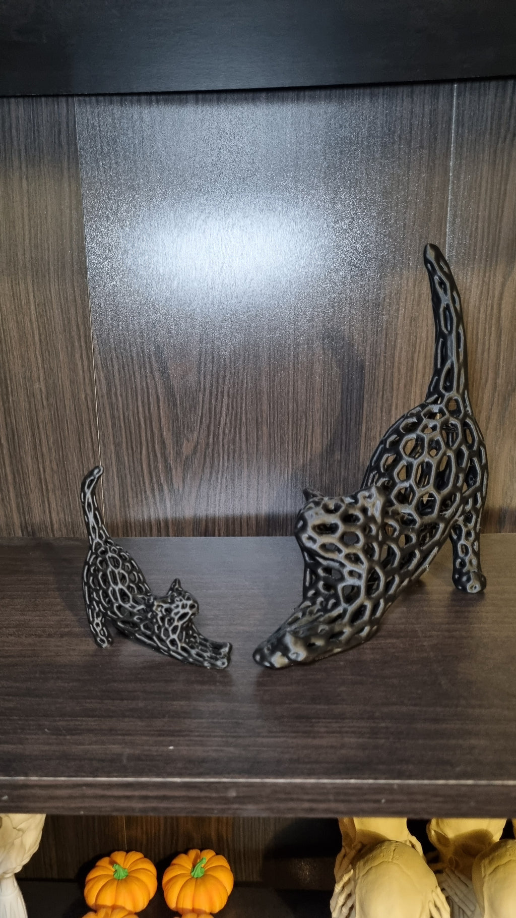Chat voronoï qui s'étire posé en situation sur une étagère, Tresor3D